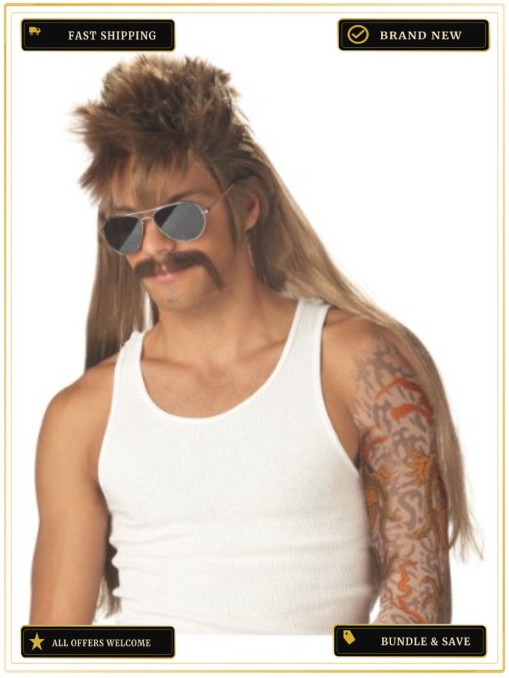 Adult Mullet Wig & Moustache Set One Size Halloween Costume Accessory